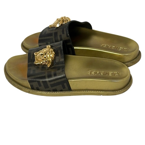 VERSACE x FENDI FENDACE Size EU 35 Slip On Pool Slide Vitello Calf Leather Gold - Picture 3 of 15